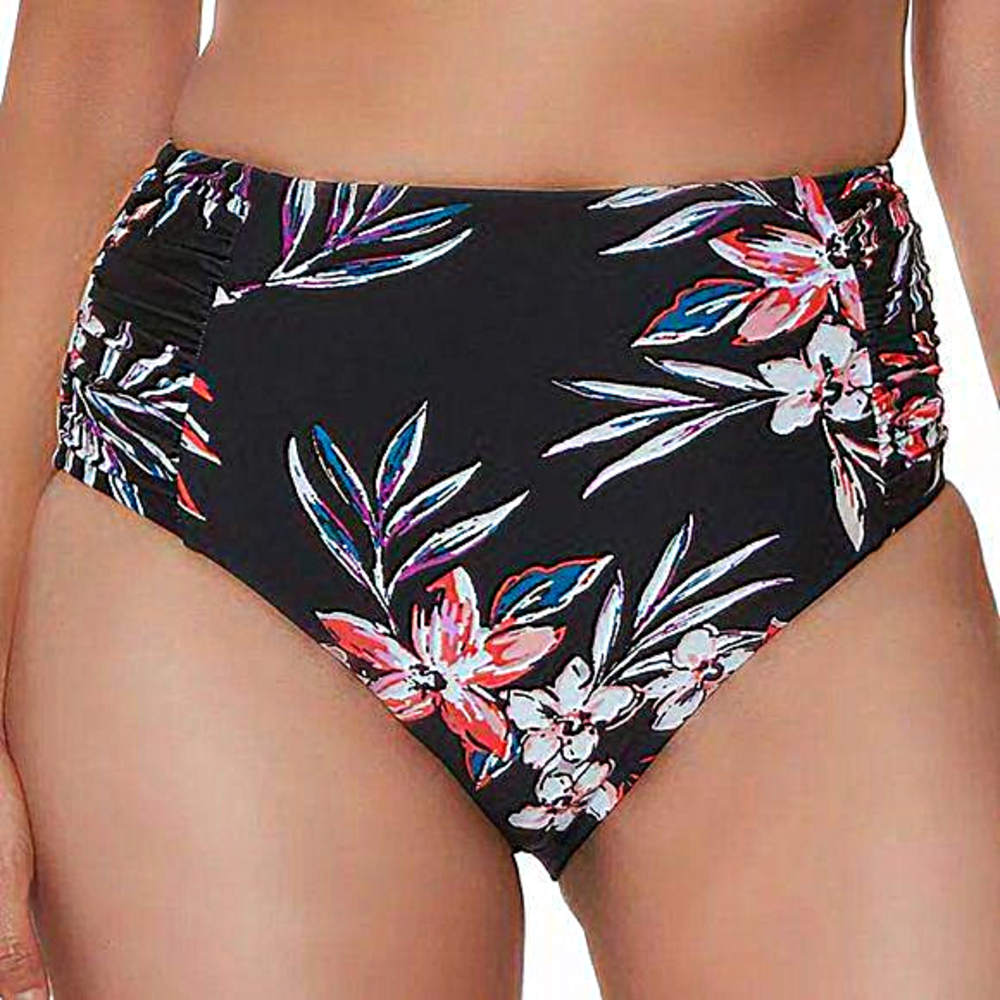 Bar III Tropical Escape Floral Print High Waist Bikini Swim Bottoms Black L